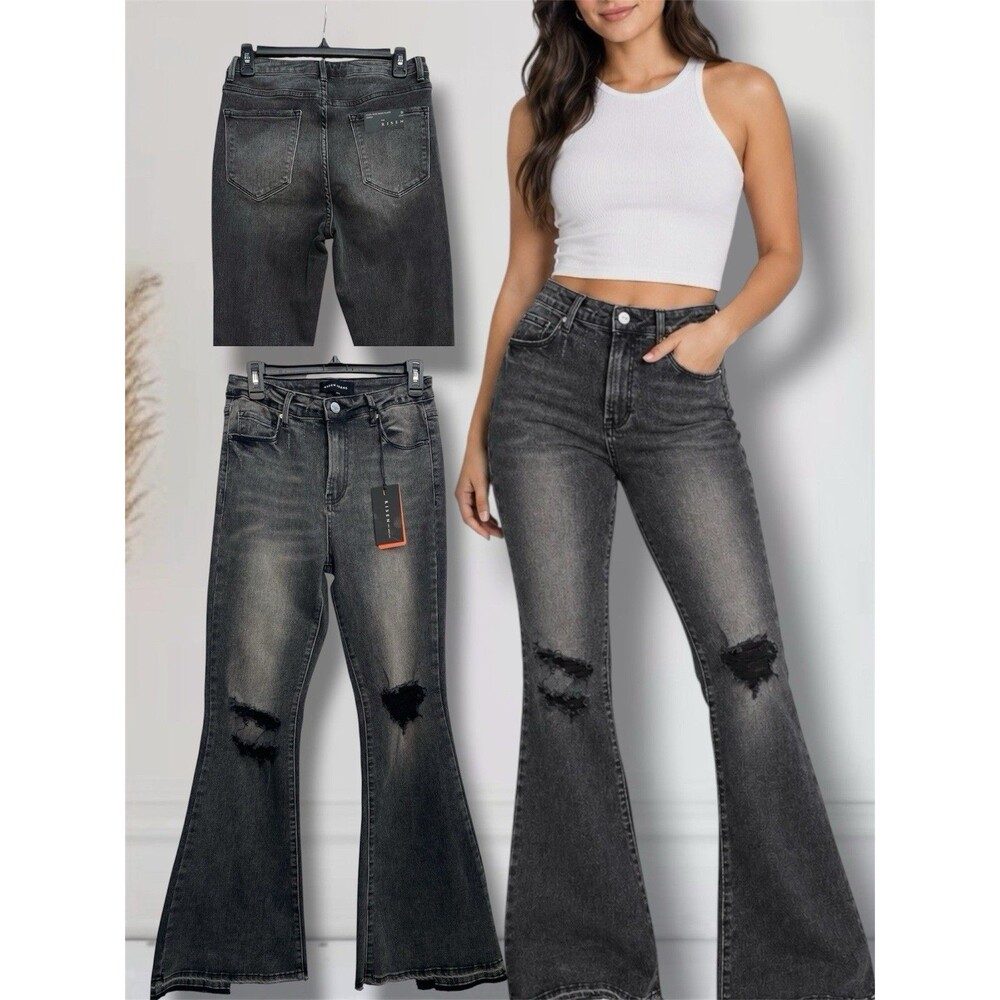 Risen HighRise Wide Flare Jeans Black Stretch Distressed Shadow Hem Women’s 9/29
